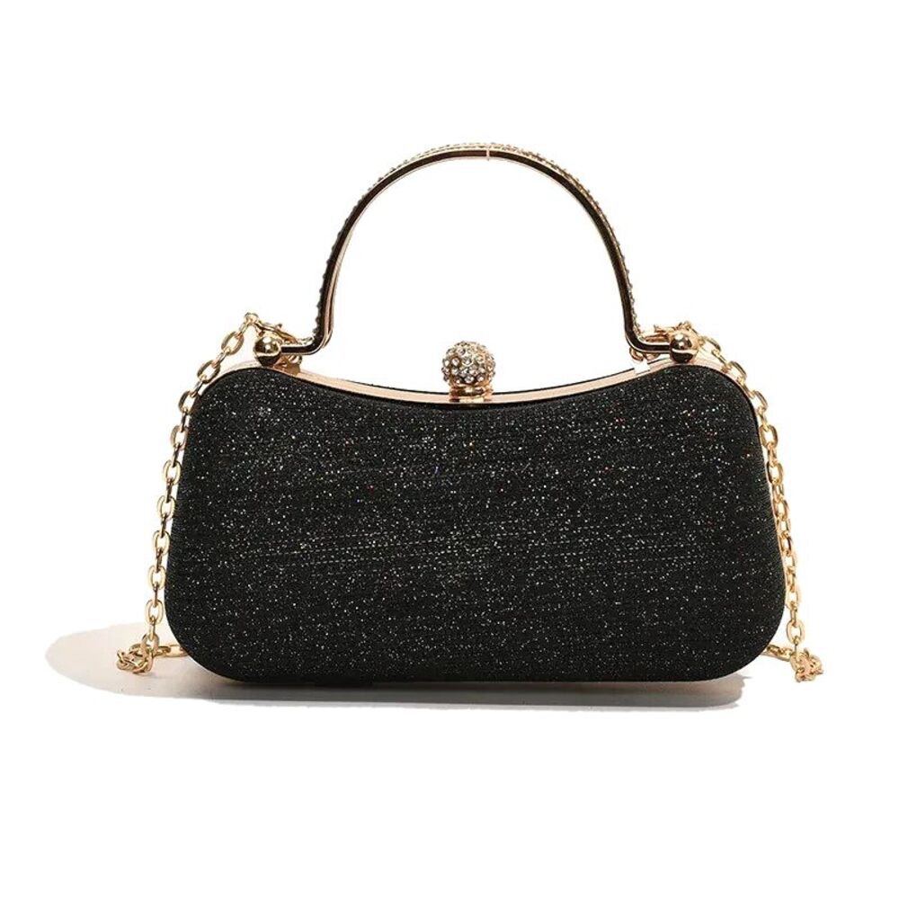 Black Gold Glitter Rhinestone Evening Clutch Bag Chain Strap Formal Purse NEW